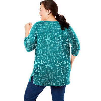 Woman Within Plus Size Long-Sleeve Henley Tee - Comfort Cotton Relaxed Fit