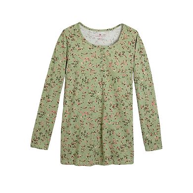 Woman Within Plus Size Perfect Printed Long-Sleeve Henley Tee