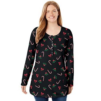 Woman Within Plus Size Perfect Printed Long-Sleeve Henley Tee