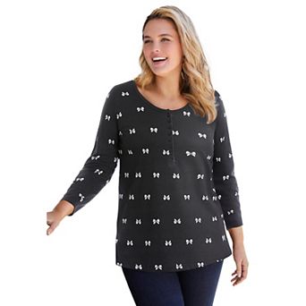 Woman Within Plus Size Perfect Printed Long-Sleeve Henley Tee