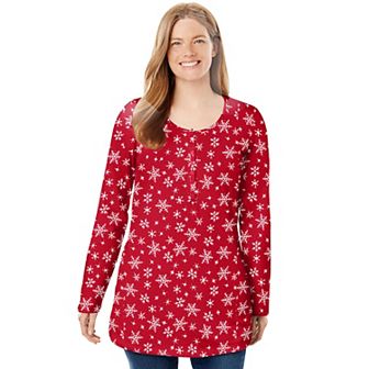 Woman Within Plus Size Perfect Printed Long-Sleeve Henley Tee
