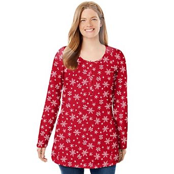Woman Within Plus Size Perfect Printed Long-Sleeve Henley Tee