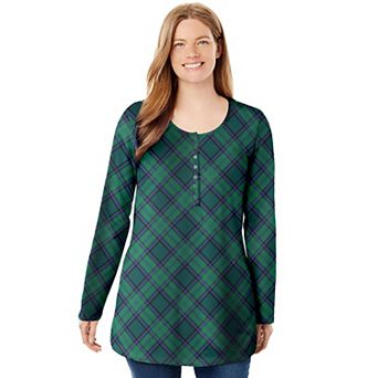 Woman Within Plus Size Perfect Printed Long-Sleeve Henley Tee