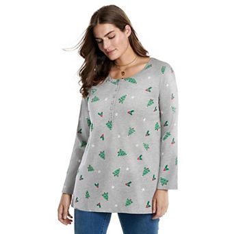 Woman Within Plus Size Perfect Printed Long-Sleeve Henley Tee