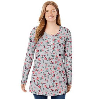 Woman Within Plus Size Perfect Printed Long-Sleeve Henley Tee