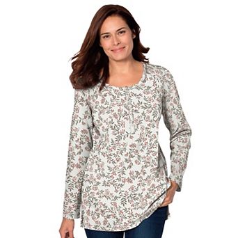 Woman Within Plus Size Perfect Printed Long-Sleeve Henley Tee