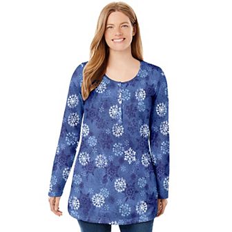 Woman Within Plus Size Perfect Printed Long-Sleeve Henley Tee