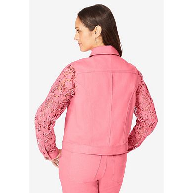 Jessica London Women's Plus Size Lace Sleeve Denim Jacket