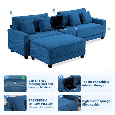 CLICKBIN Oversized Corduroy Sectional Sofa with a Removable Ottoman and 4 Pillows, 2 Charging Ports