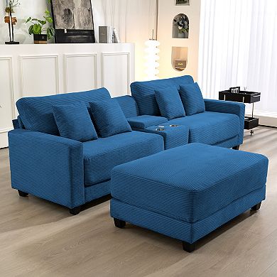 CLICKBIN Oversized Corduroy Sectional Sofa with a Removable Ottoman and 4 Pillows, 2 Charging Ports