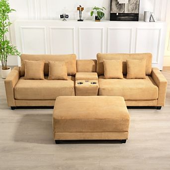 SERWALL Oversized Corduroy Sectional Sofa with a Removable Ottoman and 4 Pillows, 2 Charging Ports