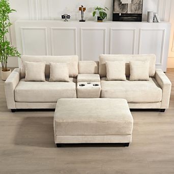 CLICKBIN Oversized Corduroy Sectional Sofa with a Removable Ottoman and 4 Pillows, 2 Charging Ports