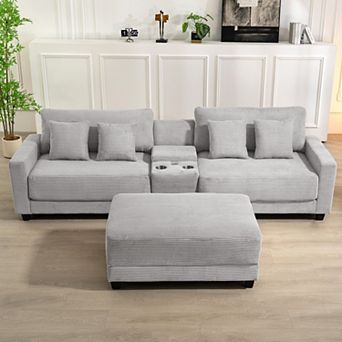 CLICKBIN Oversized Corduroy Sectional Sofa with a Removable Ottoman and 4 Pillows, 2 Charging Ports