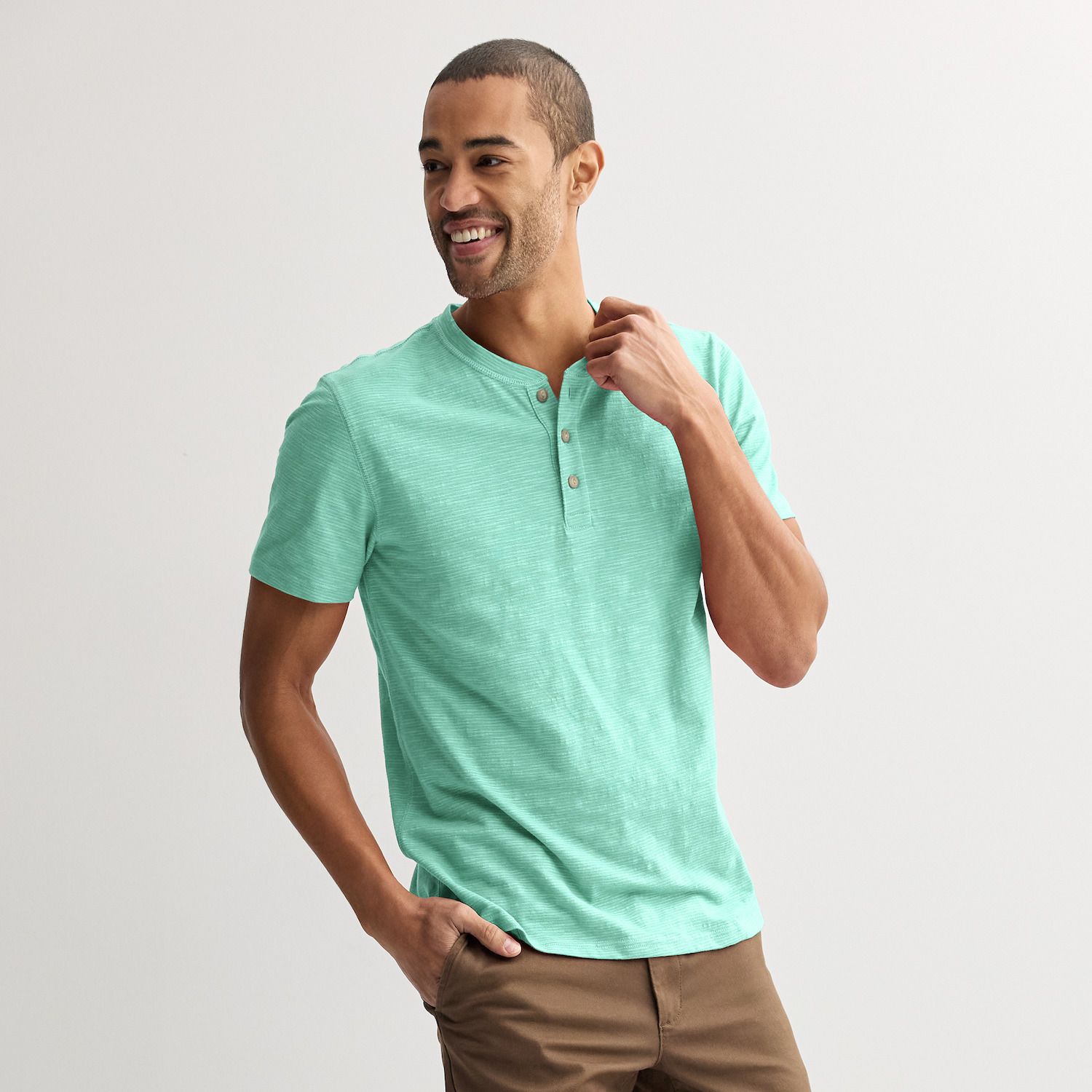 Мужская футболка Sonoma Goods For Life Henley в полоску, цвет: Аквамариновый зелёный полосатый — фото 1