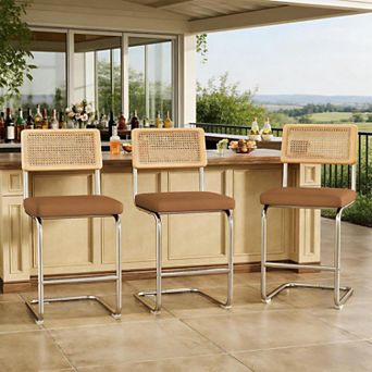 Set of 3 Counter Height Bar Stools with Solid Wood and Woven Rattan Back