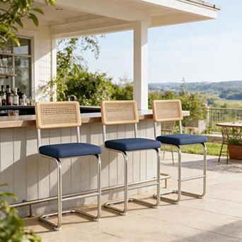 Set of 3 Counter Height Bar Stools with Solid Wood and Woven Rattan Back
