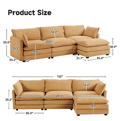 SERWALL Corduroy Living Room Sectional Sofa - 3 Seats with a Removable Ottoman