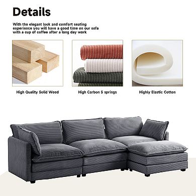 SERWALL Corduroy Living Room Sectional Sofa - 3 Seats with a Removable Ottoman