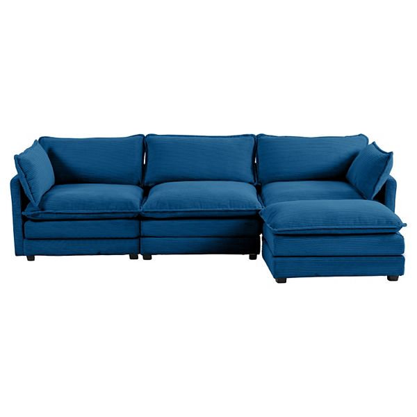 SERWALL Corduroy Living Room Sectional Sofa - 3 Seats with a Removable Ottoman - Azure