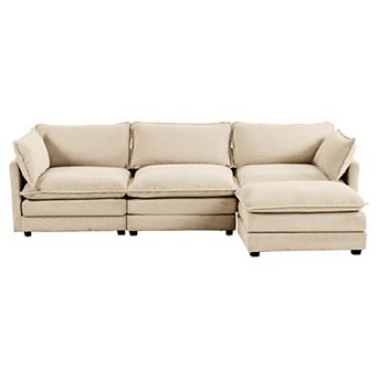 Corduroy Living Room Sectional Sofa - 3 Seats with a Removable Ottoman