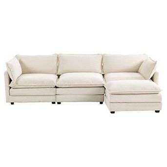 Corduroy Living Room Sectional Sofa - 3 Seats with a Removable Ottoman