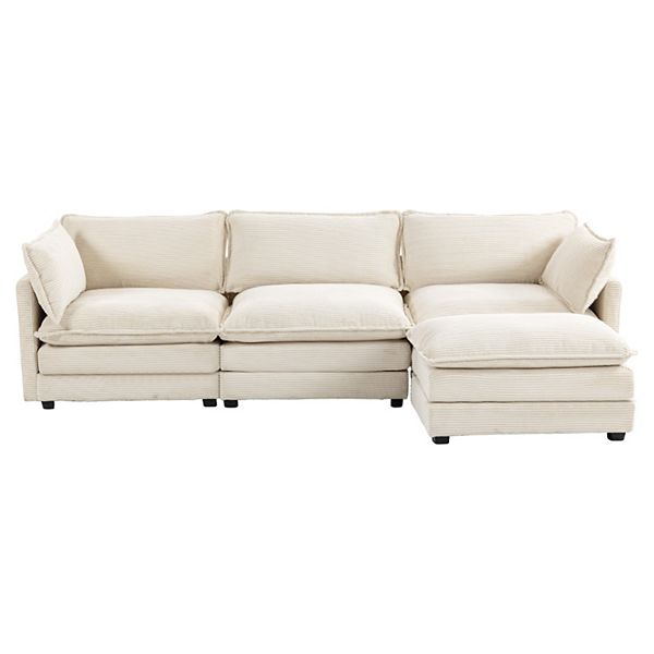 SERWALL Corduroy Living Room Sectional Sofa - 3 Seats with a Removable Ottoman - Off White
