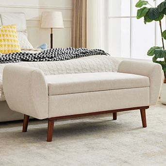 Linen Fabric Storage Ottoman Bench with Hidden Compartment for Bedroom or Entryway
