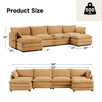 SERWALL Corduroy Living Room Sectional Sofa - 4 Seats with 2 Removable Ottomans