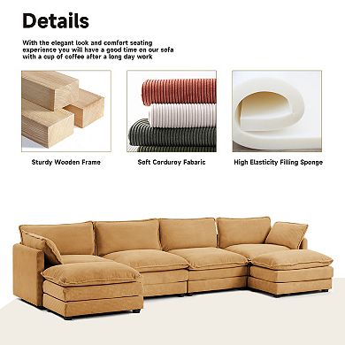 SERWALL Corduroy Living Room Sectional Sofa - 4 Seats with 2 Removable Ottomans