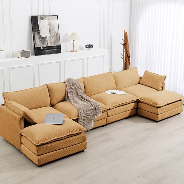 SERWALL Corduroy Living Room Sectional Sofa - 4 Seats with 2 Removable Ottomans - Chinese Rose Yellow