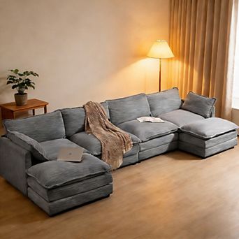 Corduroy Living Room Sectional Sofa - 4 Seats with 2 Removable Ottomans