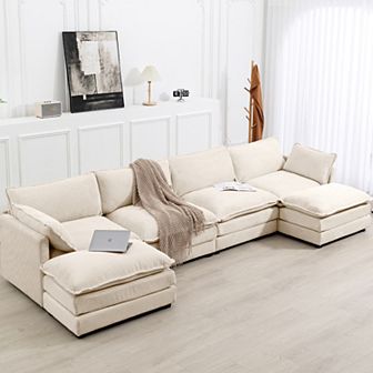 Corduroy Living Room Sectional Sofa - 4 Seats with 2 Removable Ottomans