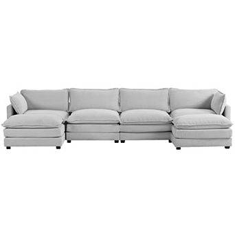 Corduroy Living Room Sectional Sofa - 4 Seats with 2 Removable Ottomans