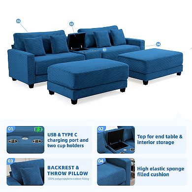 CLICKBIN Oversized Corduroy Sectional Sofa with 2 Removable Ottomans and 4 Pillows, 2 Charging Ports