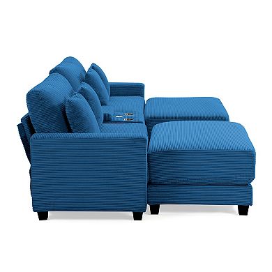 CLICKBIN Oversized Corduroy Sectional Sofa with 2 Removable Ottomans and 4 Pillows, 2 Charging Ports