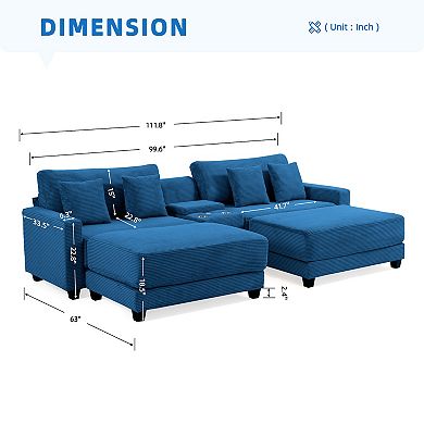 CLICKBIN Oversized Corduroy Sectional Sofa with 2 Removable Ottomans and 4 Pillows, 2 Charging Ports