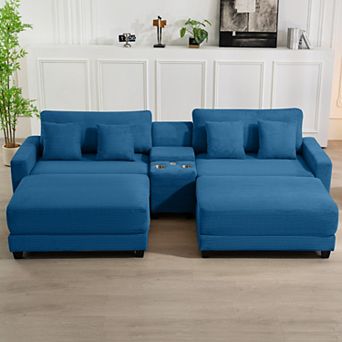 CLICKBIN Oversized Corduroy Sectional Sofa with 2 Removable Ottomans and 4 Pillows, 2 Charging Ports
