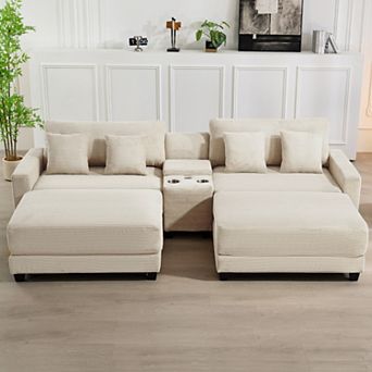 SERWALL Oversized Corduroy Sectional Sofa with 2 Removable Ottomans and 4 Pillows, 2 Charging Ports