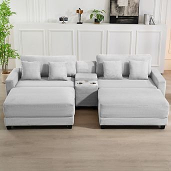 CLICKBIN Oversized Corduroy Sectional Sofa with 2 Removable Ottomans and 4 Pillows, 2 Charging Ports