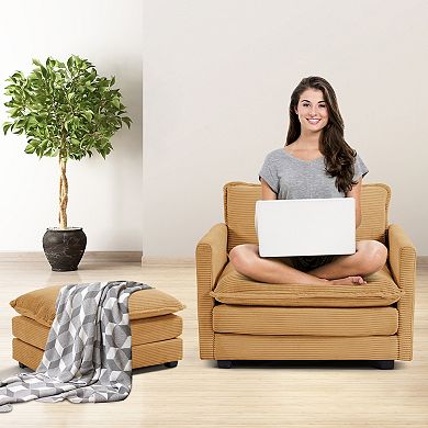 SERWALL Corduroy Living Room Sectional Sofa - Single Sofa with a Removable Ottoman