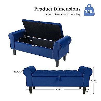 SERWALL Velvet Bedroom Bench With Rubber Wood Legs, Home Fabric Storage Ottoman