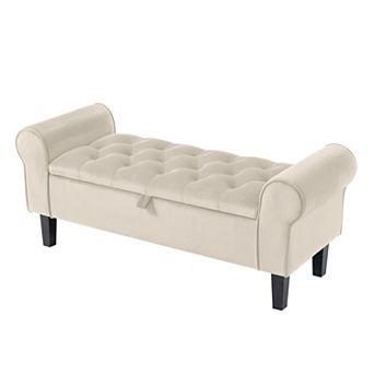 Velvet Bedroom Bench With Rubber Wood Legs, Home Fabric Storage Ottoman