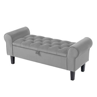 Velvet Bedroom Bench With Rubber Wood Legs, Home Fabric Storage Ottoman