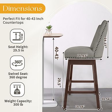 SERWALL Counter Height Bar Stools Set Of 2, 30 Inch 360° Swivel Upholstered Bar Stools With Backs