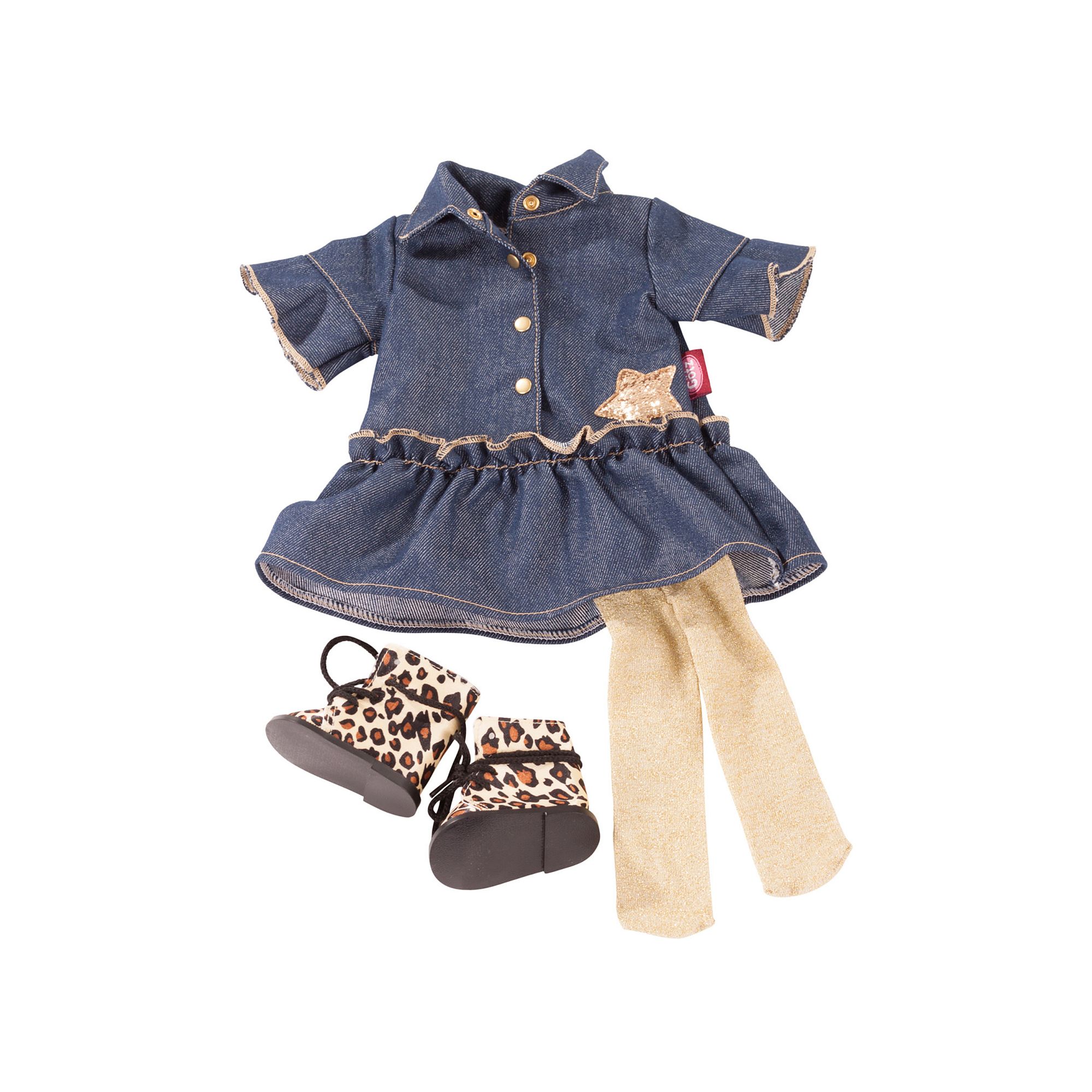 Gotz Golden Coolness Combo Outfit with Denim Dress, Tights and Animal Prin