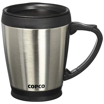 Copco Desktop 16 Ounce Stainless Steel Coffee Mug With Easy Grip Handle - Silver W/ Black Lid & Base