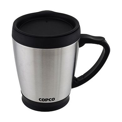 Copco Desktop 16 Ounce Stainless Steel Coffee Mug With Easy Grip Handle - Silver W/ Black Lid & Base