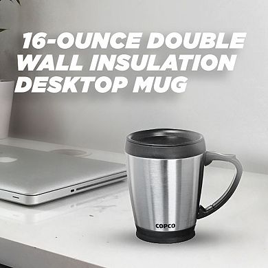 Copco Desktop 16 Ounce Stainless Steel Coffee Mug With Easy Grip Handle - Silver W/ Black Lid & Base