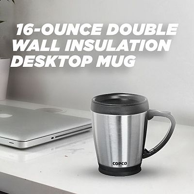 Copco Desktop 16 Ounce Stainless Steel Coffee Mug With Easy Grip Handle -  Silver W/ Black Lid