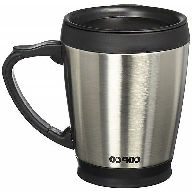 Copco Desktop 16 Ounce Stainless Steel Coffee Mug With Easy Grip Handle - Silver W/ Black Lid & Base